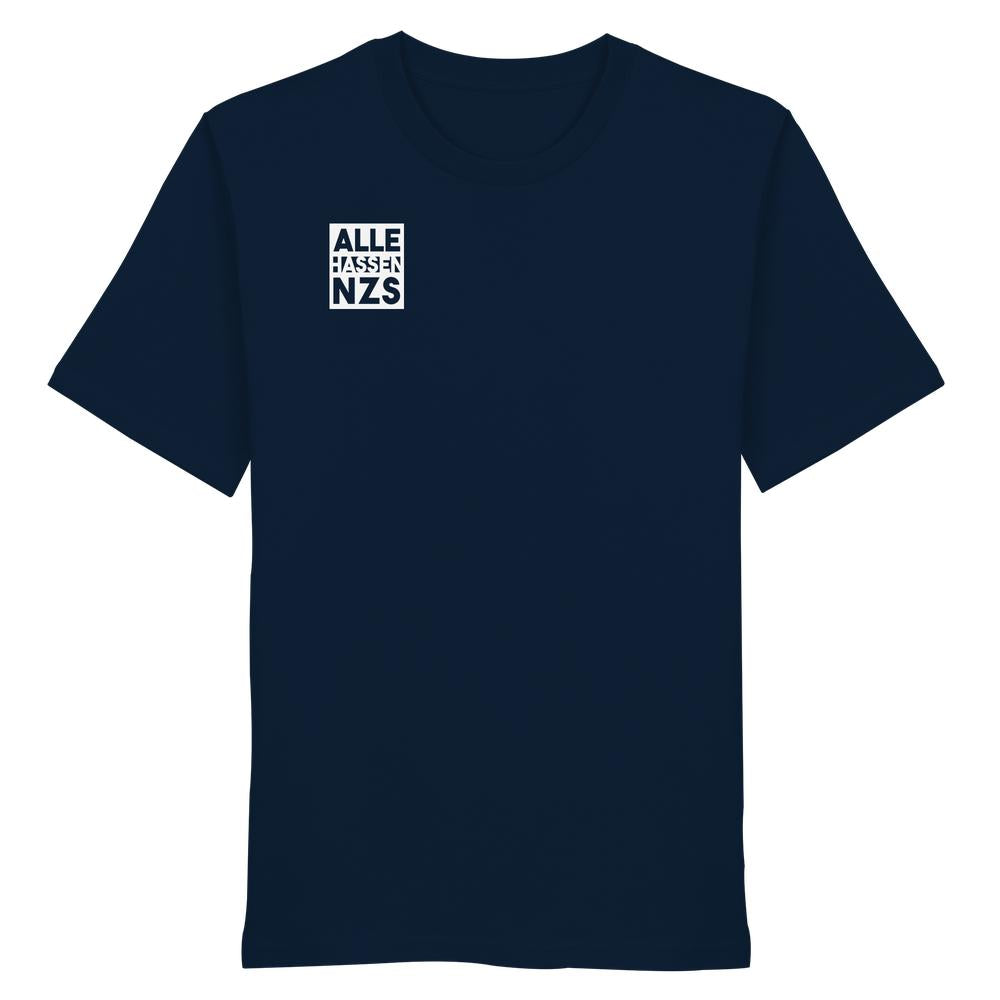 Dunkelblaues Bio-Baumwoll-T-Shirt mit ALLE HASSEN NZS!-Aufdruck in Weiß. Nachhaltiges, veganes Unisex-Design von RUDE REBEL, normale Passform.