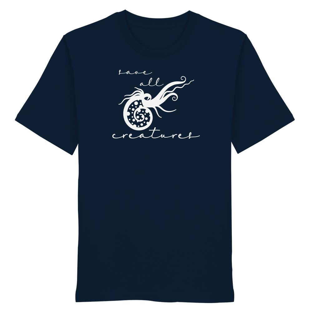 Vegan und Bio Unisex Shirt: Save All Creatures, dunkelblau mit weißem Nautilus-Design und Text, fördert Tierschutz. 100% Bio-Baumwolle, normale Passform, designed von RUDE REBEL.