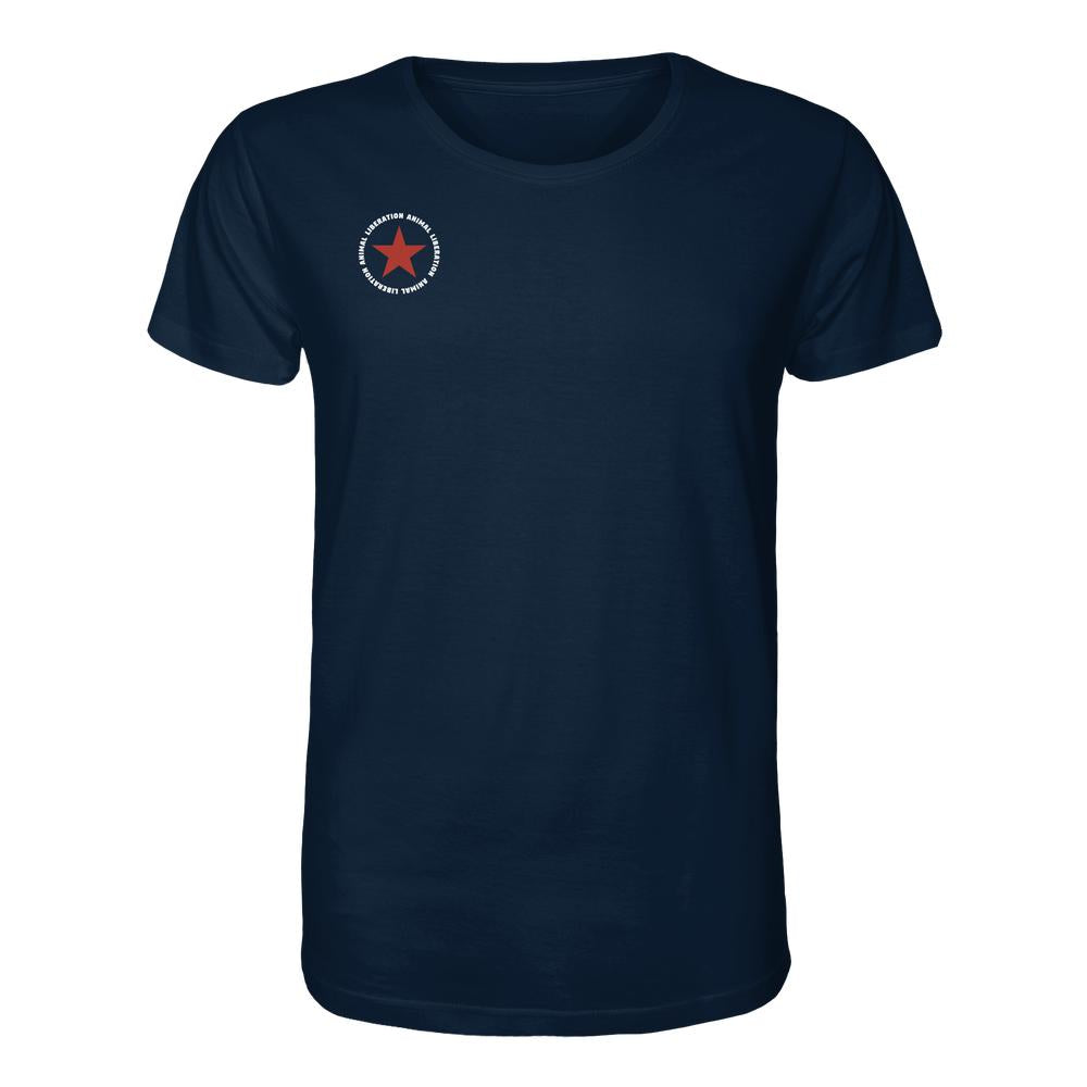 Vegan und Bio Unisex Shirt: Red Star - Animal Liberation mit kleinem Logo auf der Brust. Hergestellt aus 100 % Bio-Baumwolle, normale Passform.