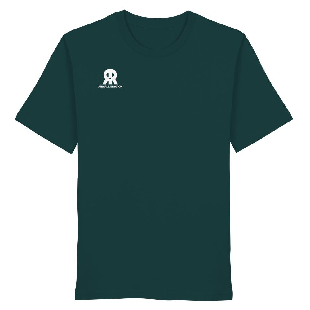 Dunkelgrünes T-Shirt mit kurzem Ärmel, zeigt das weiße Logo AR und ANIMAL LIBERATION. Vegan und Bio Unisex Shirt: RUDE REBEL Skull - Animal Liberation.