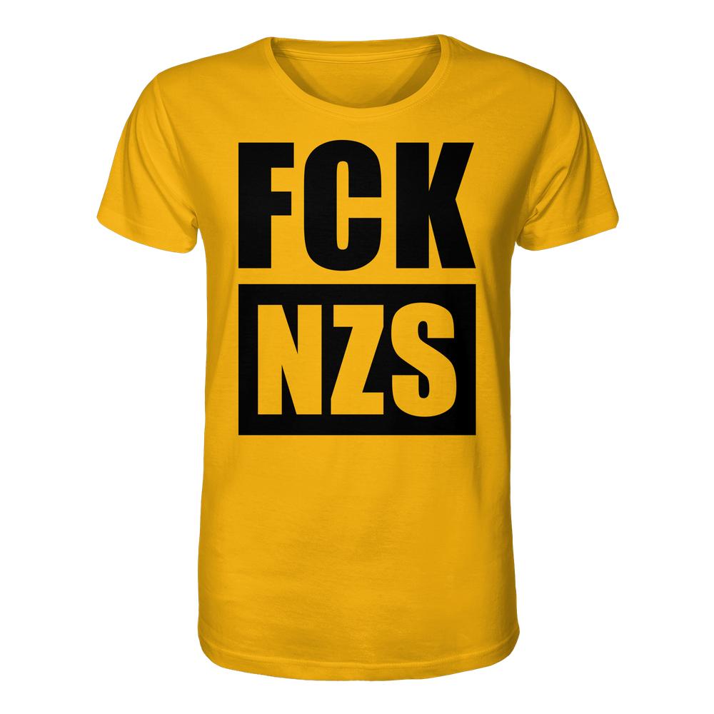 Vegan und Bio Unisex Shirt: FCK NZS, gelbes T-Shirt mit schwarzem Anti-Nazi-Slogan in Blockbuchstaben. Hergestellt aus 100% Bio-Baumwolle, normale Passform, rebellisches Design von RUDE REBEL.