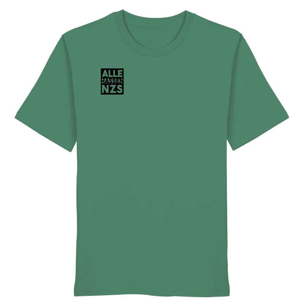 Vegan und Bio Unisex Shirt: ALLE HASSEN NZS! Ein grünes T-Shirt mit schwarzem Print auf der Brust, 100% Bio-Baumwolle, normale Passform, von RUDE REBEL.