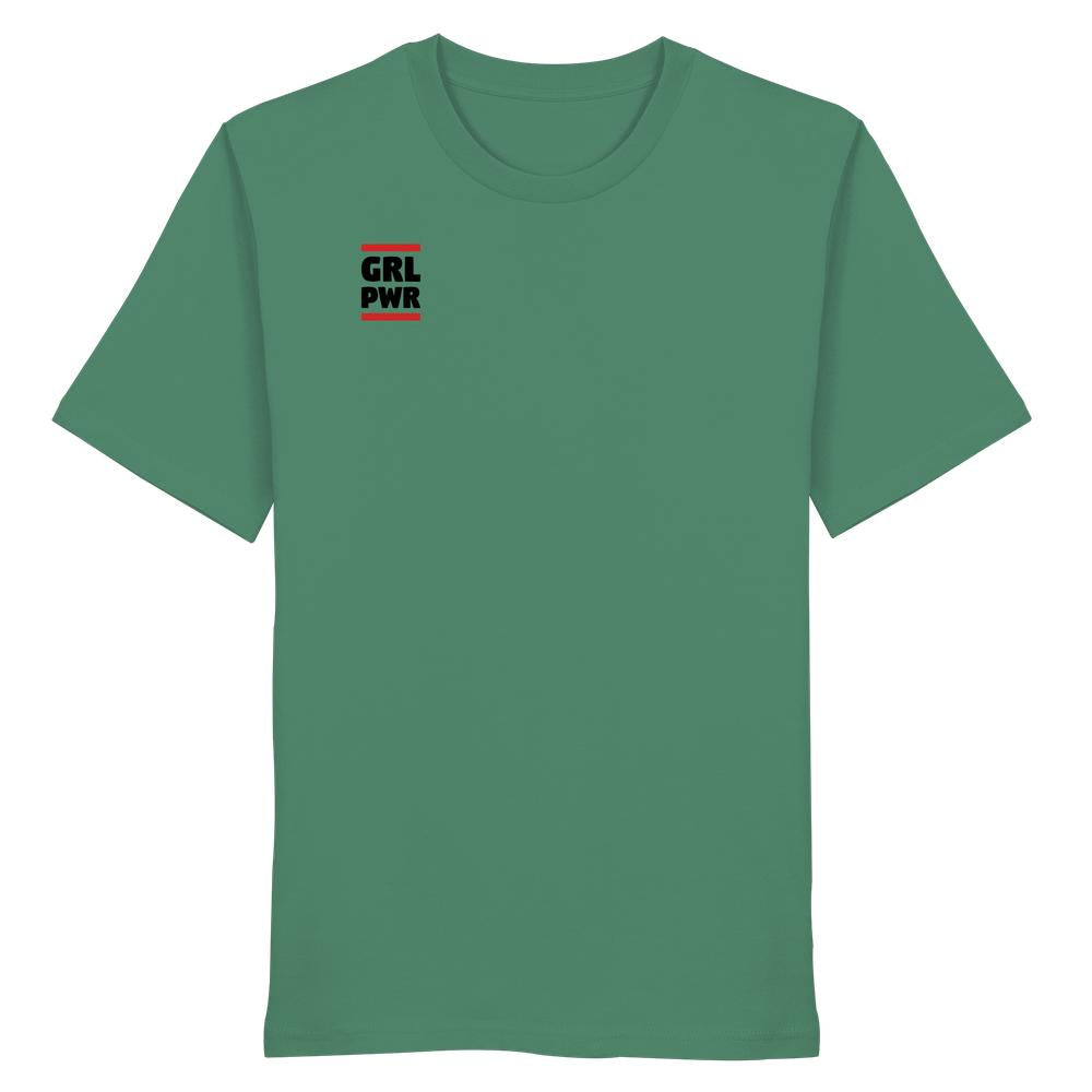 Vegan und Bio Unisex Shirt, GIRL POWER Design: Muted grünes T-Shirt mit GRL PWR Grafik, betont feministische Botschaft, aus 100% Bio-Baumwolle, hergestellt von RUDE REBEL.