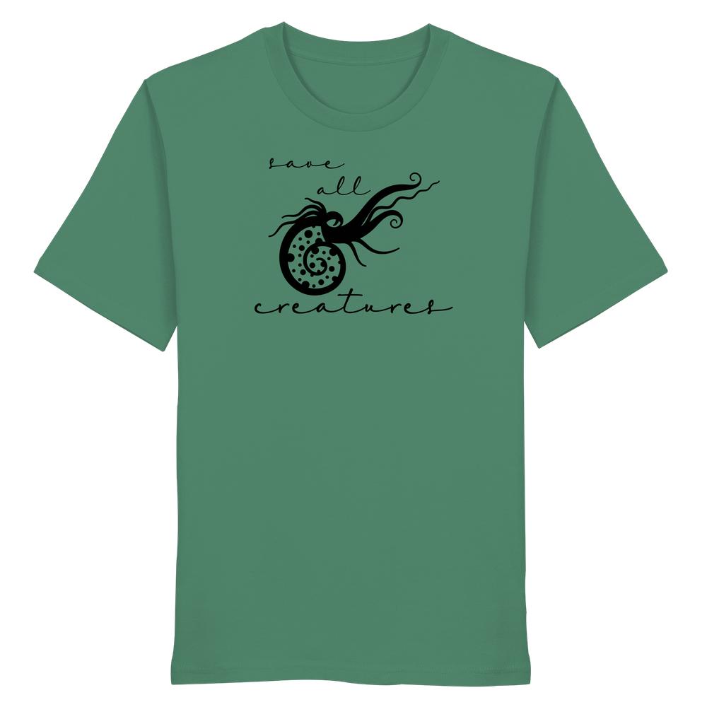 Unisex-Shirt aus Bio-Baumwolle mit schwarzem Grafikdruck eines spiralförmigen Ammoniten mit Tentakeln und dem Slogan „Save All Creatures“ in geschwungener Schrift.