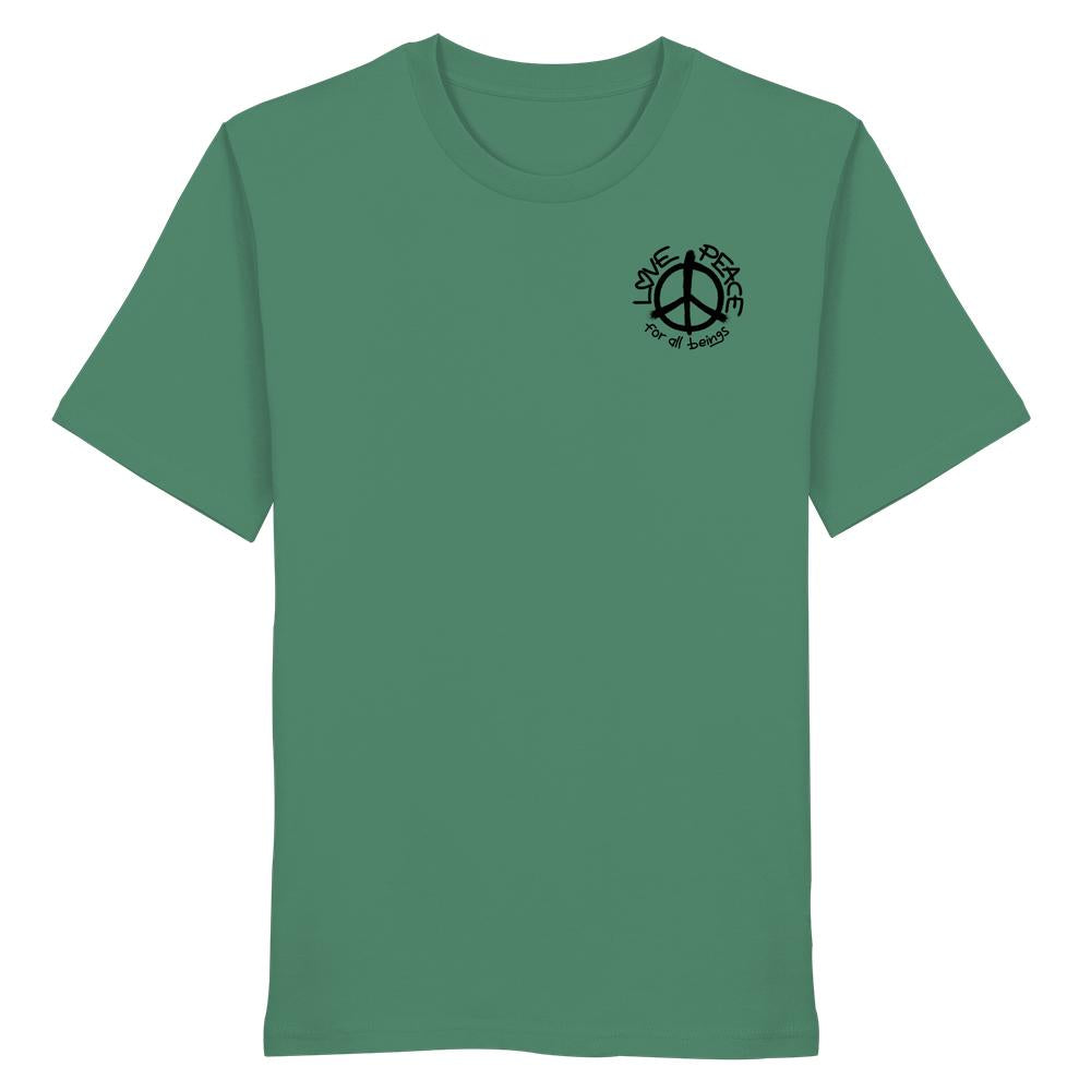 Ein grünes Unisex-Bio-T-Shirt mit schwarzem Friedenszeichen und dem Aufdruck „LOVE and PEACE for all beings“ auf der linken Brust.