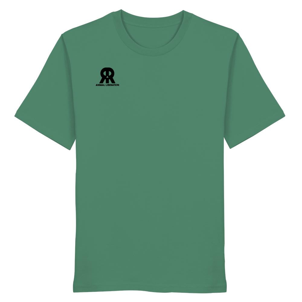 Vegan und Bio Unisex Shirt: RUDE REBEL Skull - Animal Liberation, grünes T-Shirt mit kleinem AR-Logo und ANIMAL LIBERATION-Schriftzug auf der Brust, aus 100 % Bio-Baumwolle.