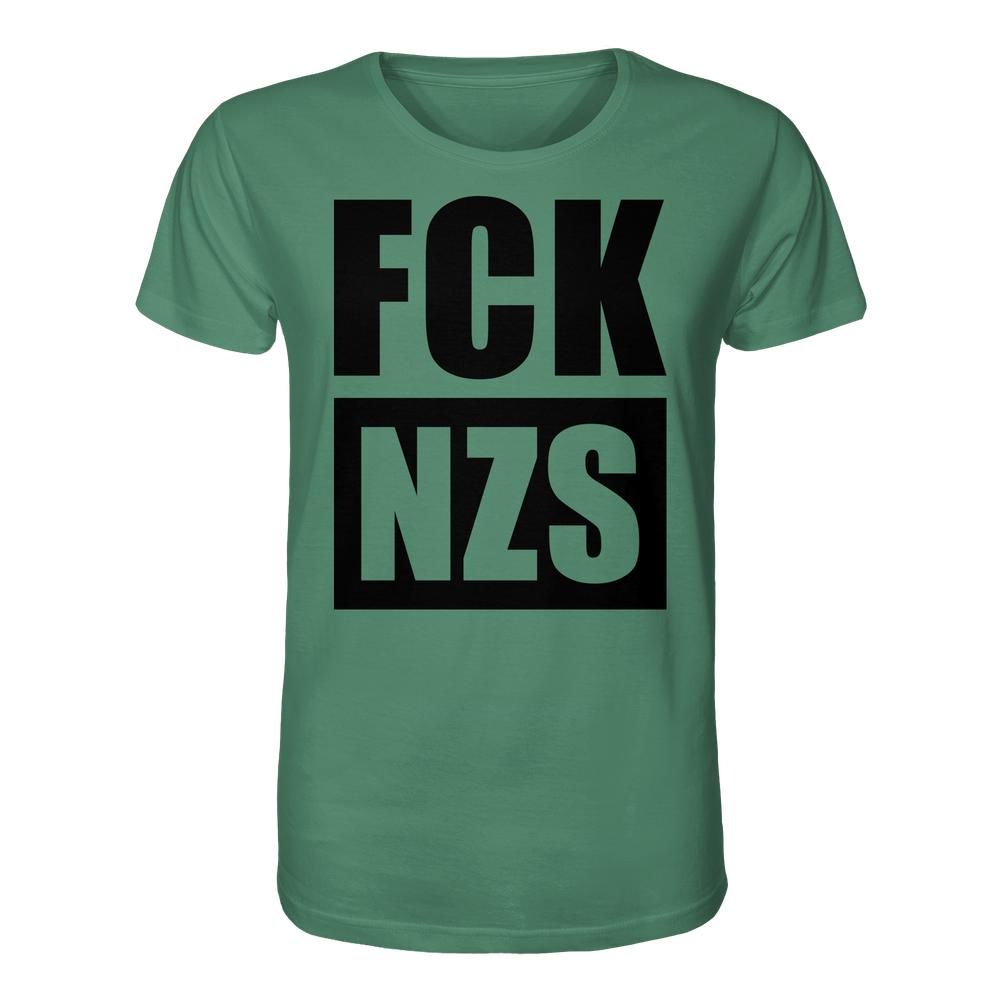 Vegan und Bio Unisex Shirt: FCK NZS, ein grünes T-Shirt mit schwarzem Schriftzug gegen Rechts. Hergestellt aus 100% Bio-Baumwolle, normale Passform für bewusste Rebellion.