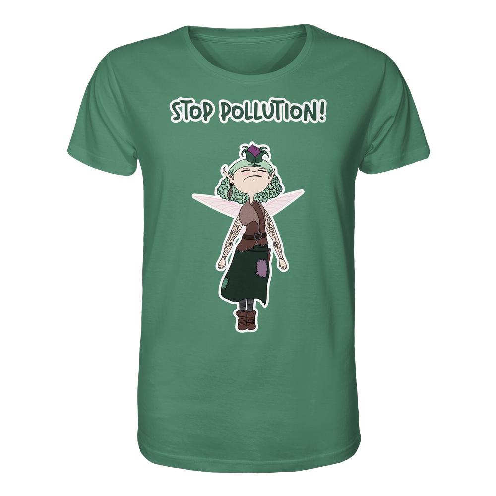 Krawall Fee T-Shirt mit STOP POLLUTION!-Aufdruck, zeigt Fee mit grünen Locken, pinken Flügeln und Tattoos, aus 100% Bio-Baumwolle.