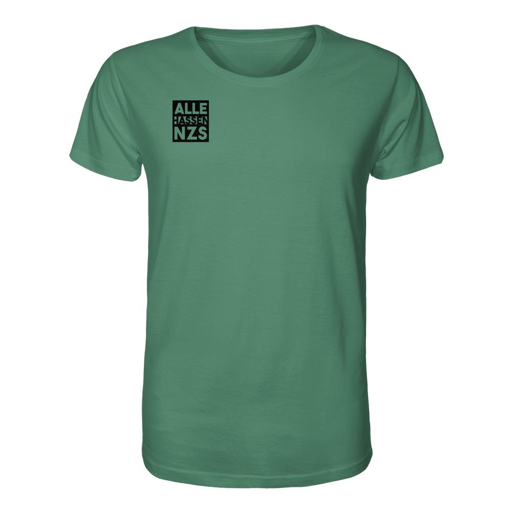 Vegan und Bio Unisex Shirt: ALLE HASSEN NZS! aus Bio-Baumwolle, normaler Schnitt, grünes T-Shirt mit schwarzem Logo, rebellisches Design gegen Nazis.