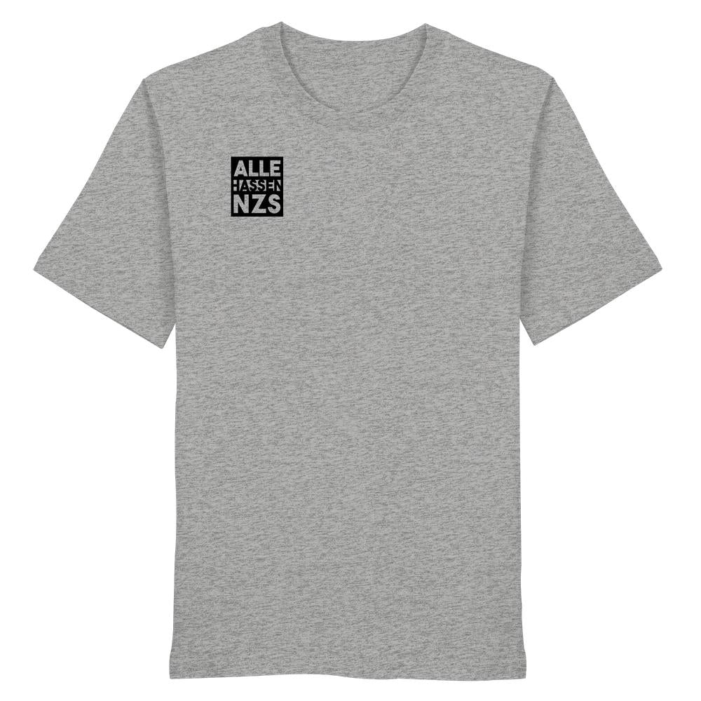 Vegan und Bio Unisex Shirt: ALLE HASSEN NZS! Graues T-Shirt mit schwarzem Quadrat und weißem Text, aus 100% Bio-Baumwolle, rebellisches Design von RUDE REBEL.