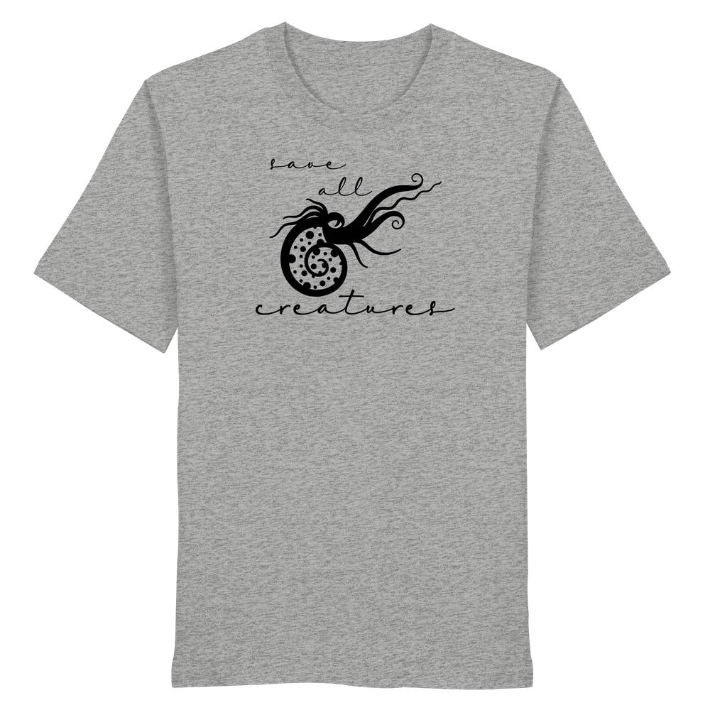 Vegan und Bio Unisex Shirt: Save All Creatures – Heather-graues T-Shirt mit schwarzem, stilisiertem Muschel-Tentakel-Wesen und der Aufschrift „Save all creatures“ in fließender Schrift.