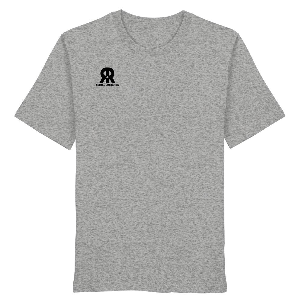 Vegan und Bio Unisex Shirt: RUDE REBEL Skull - Animal Liberation, heather-graues T-Shirt mit kleinem schwarzen AR-Logo und ANIMAL LIBERATION-Schriftzug auf der Brust, aus Bio-Baumwolle.