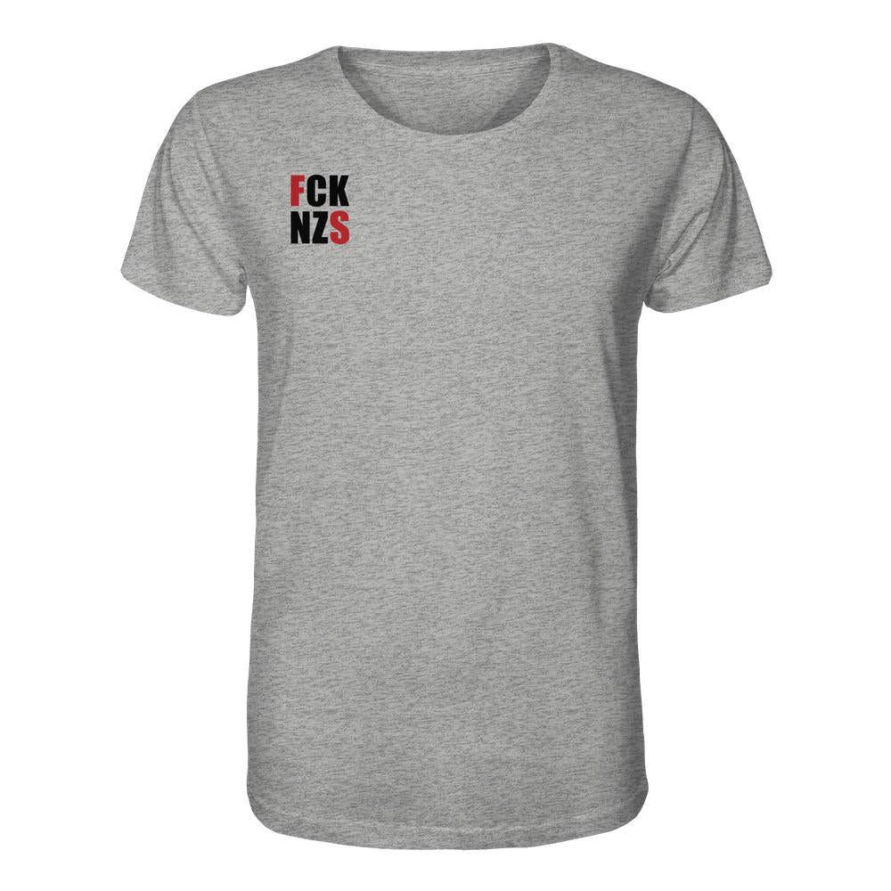 Vegan und Bio Unisex Shirt: FCK NZS mit roten Highlights, zeigt eine klare Anti-Nazi-Botschaft auf hellgrauem T-Shirt, aus 100% Bio-Baumwolle, normale Passform.