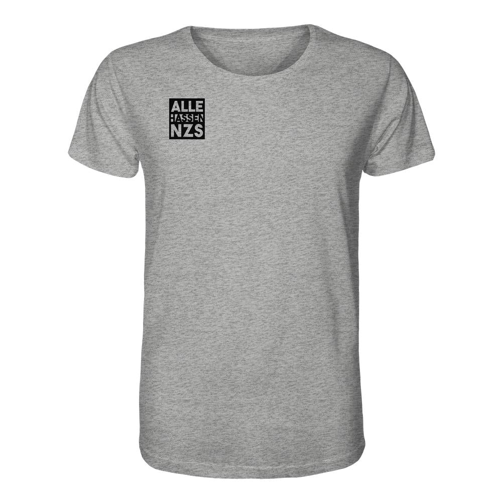 Vegan und Bio Unisex Shirt: ALLE HASSEN NZS! Heathergraues, kurzärmeliges T-Shirt mit schwarzem Quadrat und Schriftzug auf der Brust, aus 100% Bio-Baumwolle.
