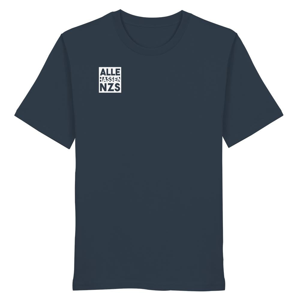 Vegan und Bio Unisex Shirt: ALLE HASSEN NZS!, dunkelblau, mit kleinem weißen Quadrat und Aufschrift auf der linken Brust, aus 100% Bio-Baumwolle, normale Passform.