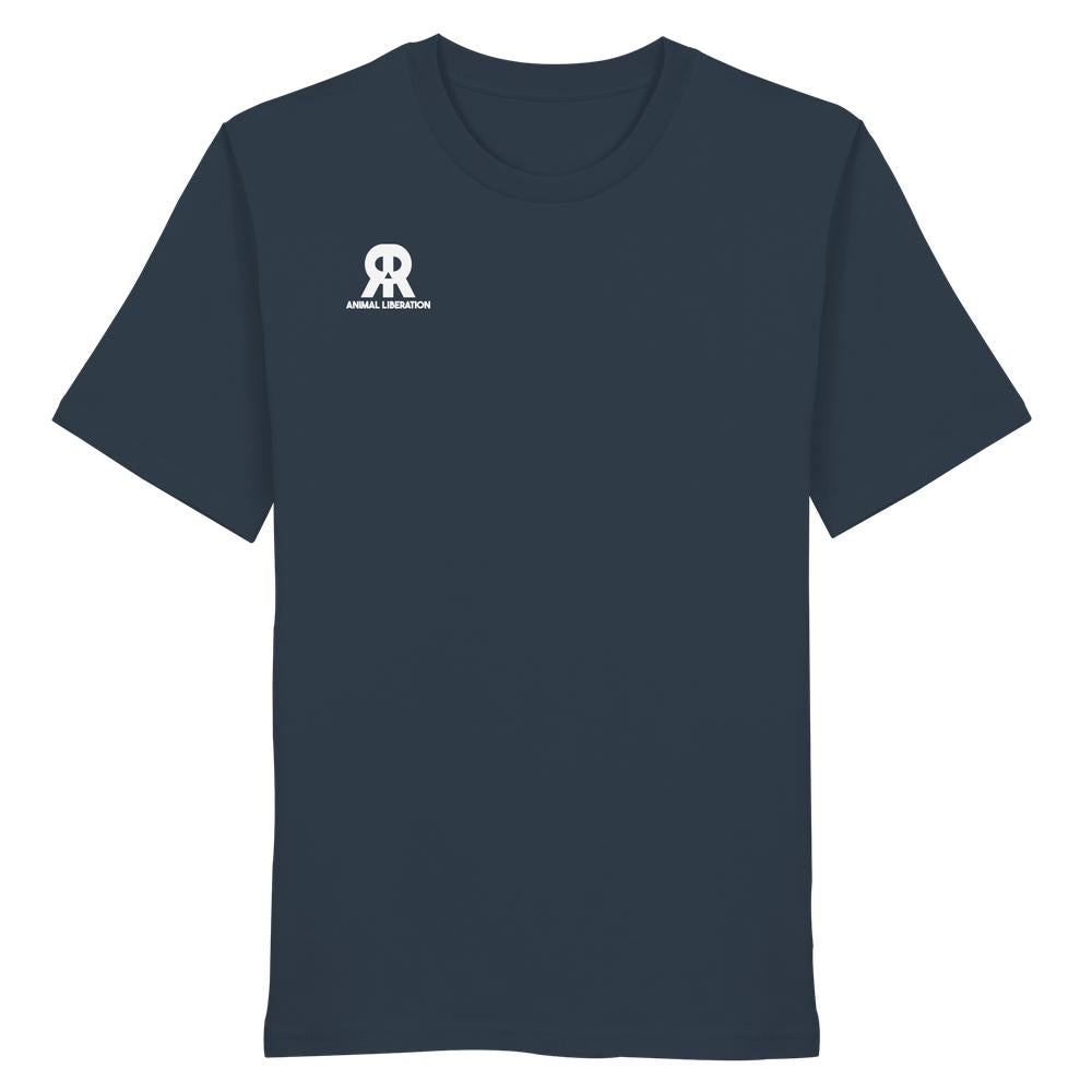 Vegan und Bio Unisex Shirt: RUDE REBEL Skull - Animal Liberation, dunkelblau mit weißem AR Logo und ANIMAL LIBERATION Schriftzug auf der Brust, 100% Bio-Baumwolle.
