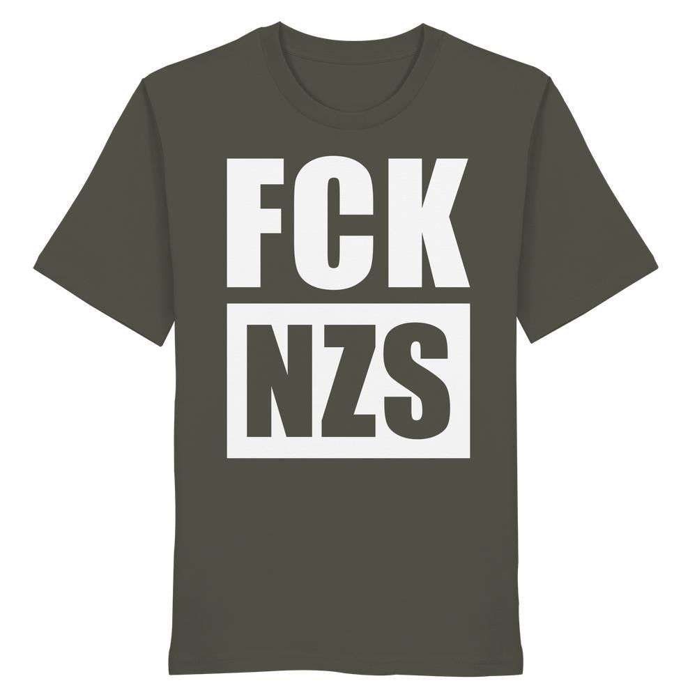 Unisex T-Shirt FCK NZS aus Bio-Baumwolle, normale Passform, rebellisches Design gegen Rechts, perfekt für nachhaltige und vegane Mode von RUDE REBEL.
