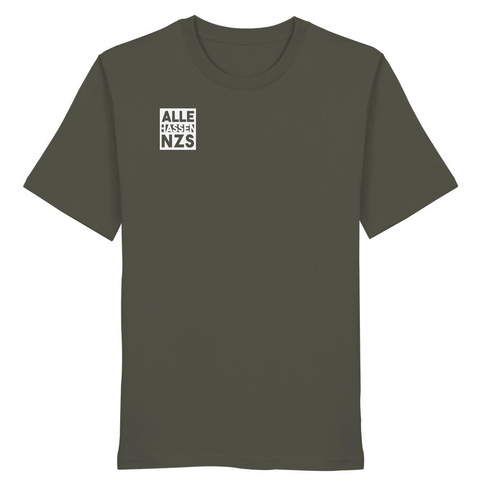 Vegan und Bio Unisex Shirt: ALLE HASSEN NZS! Dunkel-oliv T-Shirt mit kleinem quadratischem ALLE HASSEN NZS Grafik auf der Brust, 100% Bio-Baumwolle.