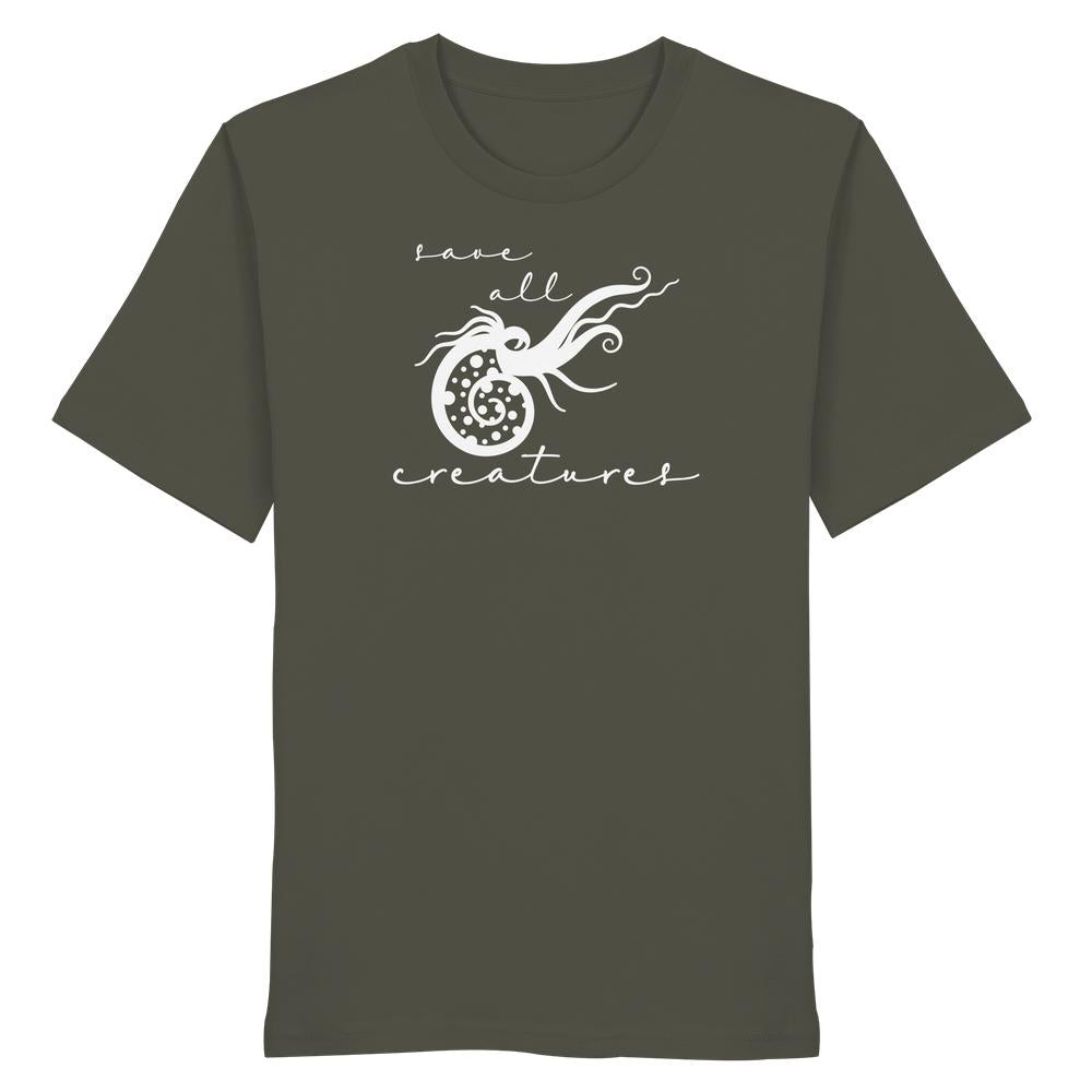 Vegan und Bio Unisex Shirt: Save All Creatures mit Nautilus-Design und Slogan, symbolisiert Schutz aller Lebewesen; aus 100 % Bio-Baumwolle, rebellisches, nachhaltiges Design von RUDE REBEL.