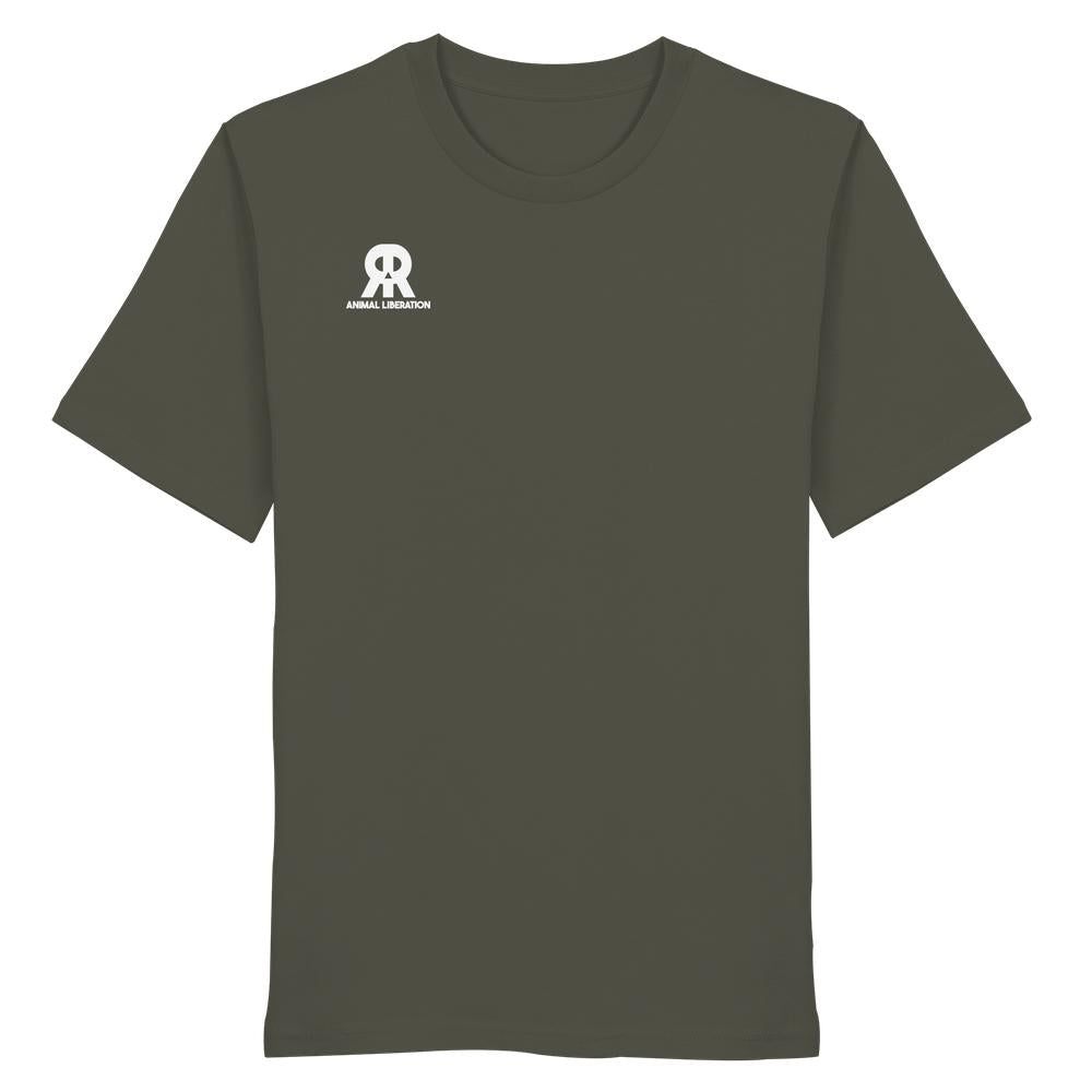 Vegan und Bio Unisex Shirt: RUDE REBEL Skull - Animal Liberation, olivgrün mit kleinem weißem Logo und Schriftzug ANIMAL LIBERATION auf der Brust, aus 100% Bio-Baumwolle.