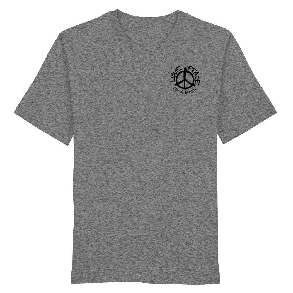 Vegan und Bio Unisex Shirt: LOVE and PEACE for all beings, heather-grau, V-Ausschnitt, kleiner Friedenssymbol-Print auf der Brust, 100% Bio-Baumwolle von RUDE REBEL.