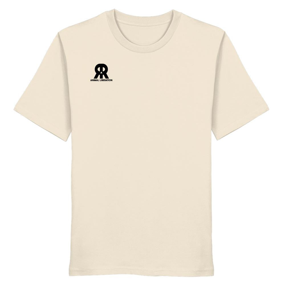 Vegan und Bio Unisex Shirt von RUDE REBEL: Cremefarbenes T-Shirt mit schwarzem Animal Liberation-Logo auf der Brust, aus 100% Bio-Baumwolle, rebellisches Design.