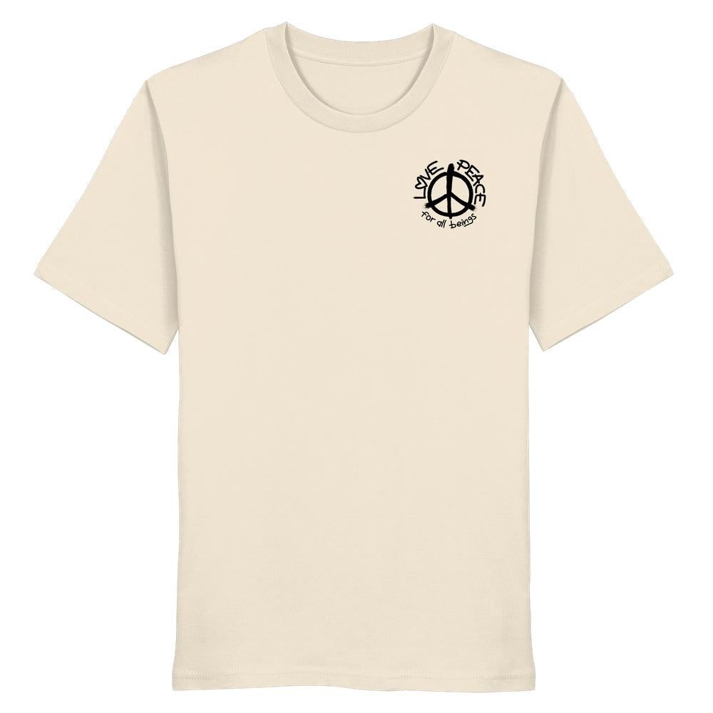 Vegan und Bio Unisex Shirt: LOVE and PEACE for all beings, zeigt friedliches Design mit kleinem, schwarzem Grafikdruck auf der Brust, 100% Bio-Baumwolle.