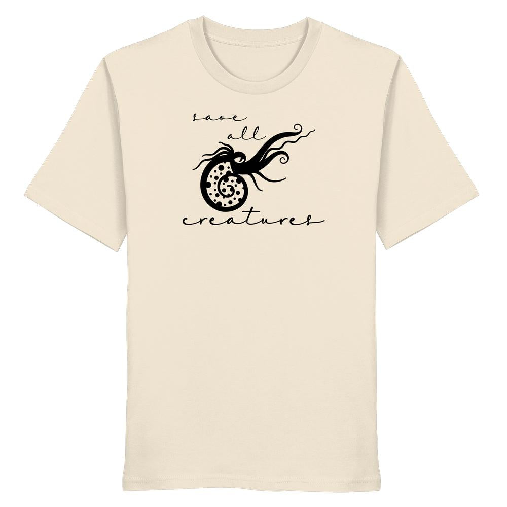 Vegan und Bio Unisex Shirt: Save All Creatures, zeigt eine stilisierte ammonitenartige Kreatur mit Tentakeln und dem Slogan save all creatures in handschriftlicher Schrift.