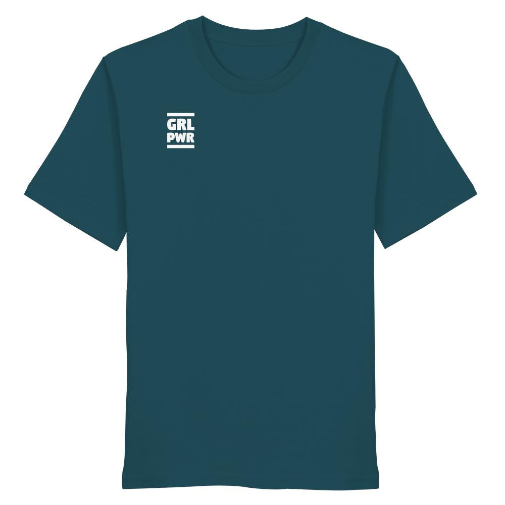 Vegan und Bio Unisex Shirt mit GRL PWR-Design, feministische Botschaft, aus 100% Bio-Baumwolle, normaler Schnitt, von RUDE REBEL.