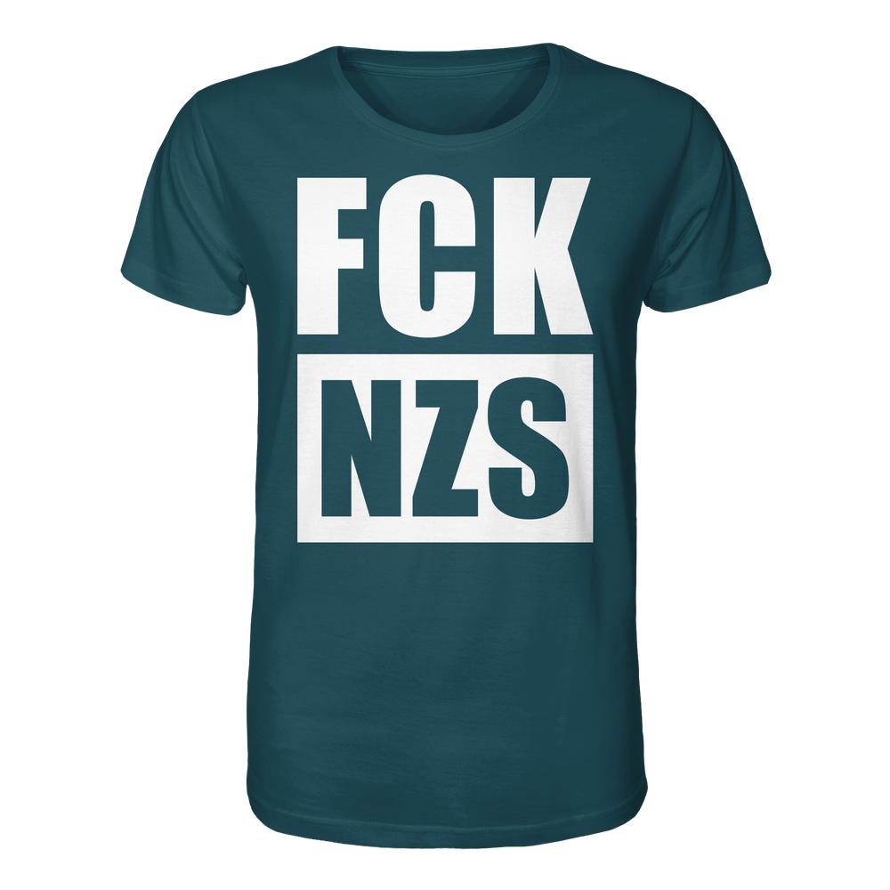 Vegan und Bio Unisex Shirt: FCK NZS, ein teal T-Shirt mit großem Blockschrift-Design gegen Nazis, aus 100% Bio-Baumwolle, normale Passform von RUDE REBEL.