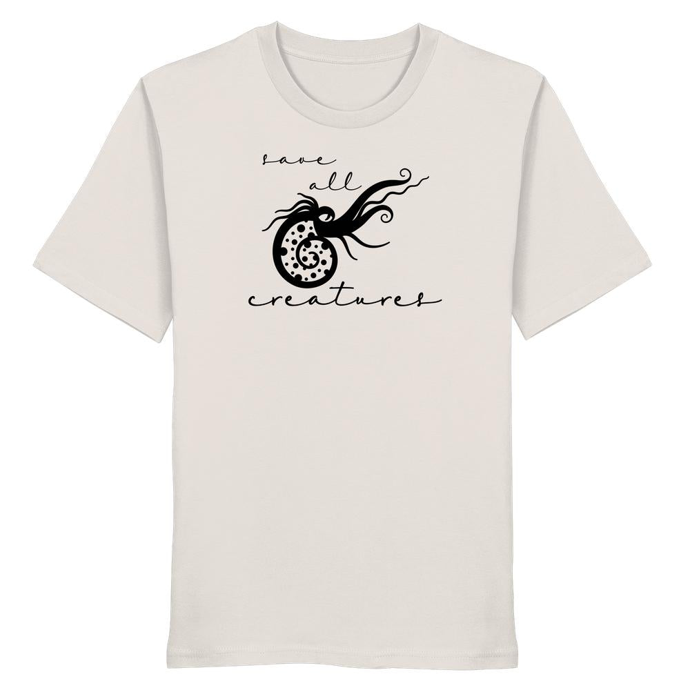 Vegan und Bio Unisex Shirt: Save All Creatures mit stilisiertem Spiralmuschel-Motiv und Slogan, betont Tierschutz und Naturschutz. 100% Bio-Baumwolle, normale Passform.