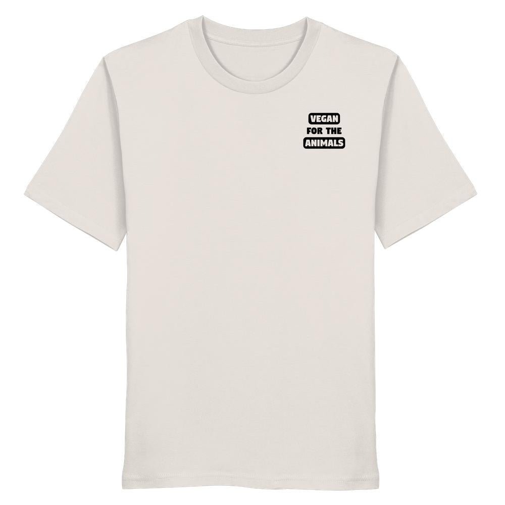 Veganes, umweltfreundliches T-Shirt aus Bio-Baumwolle mit dem Aufdruck „VEGAN FOR THE ANIMALS“ auf der Brust, ideal für Tierliebe und Nachhaltigkeit.