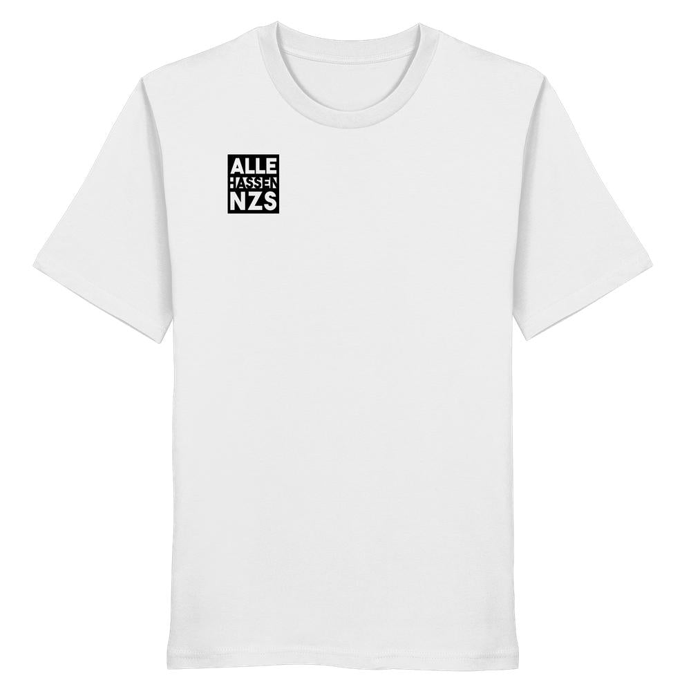 Vegan und Bio Unisex Shirt: ALLE HASSEN NZS! Weißes T-Shirt mit kleinem schwarzen Quadrat und der Aufschrift ALLE HASSEN NZS auf der linken Brust.
