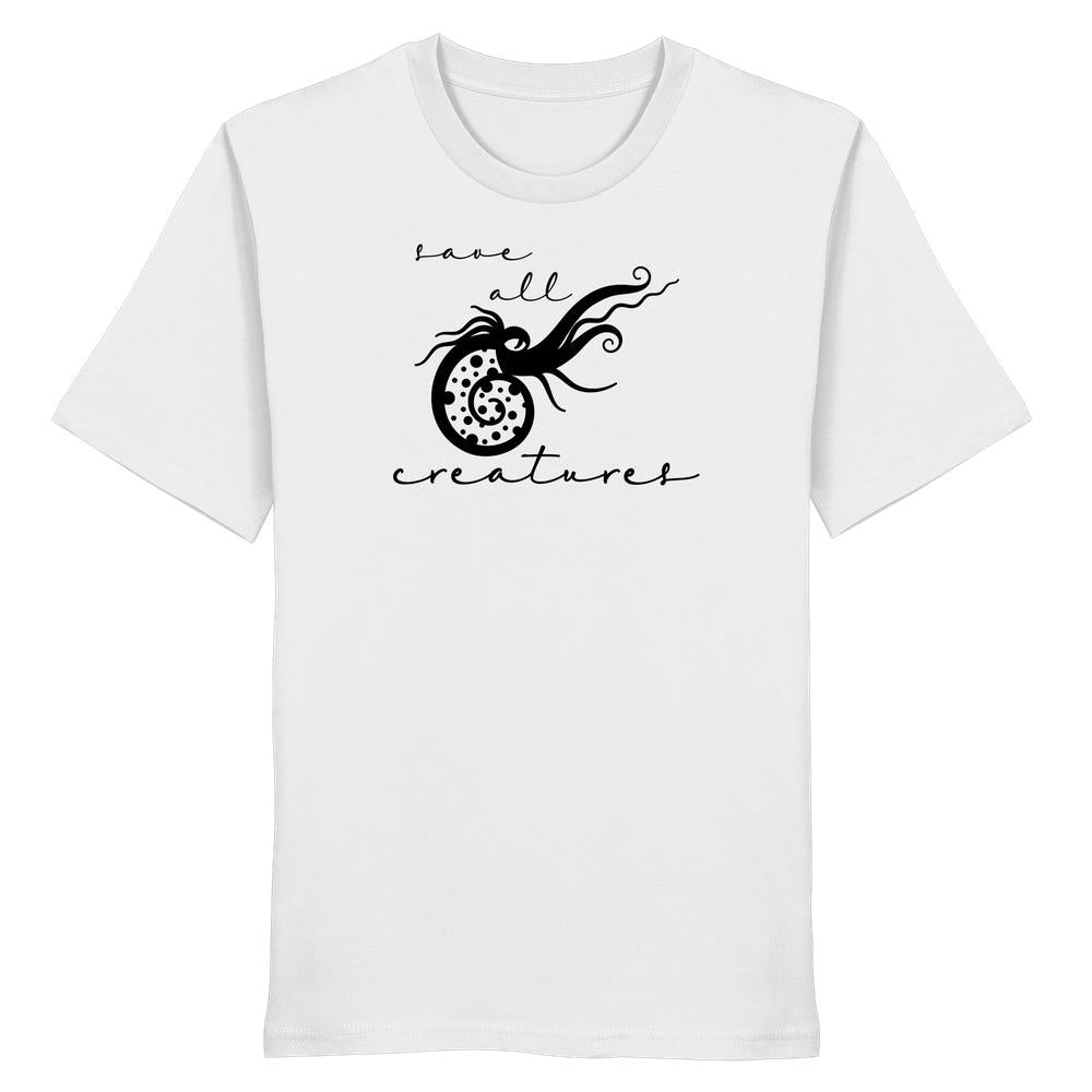 Vegan und Bio Unisex Shirt: Save All Creatures, weiß mit schwarzem Spiral-Muschel-Design und handgeschriebenem Text, aus 100% Bio-Baumwolle.