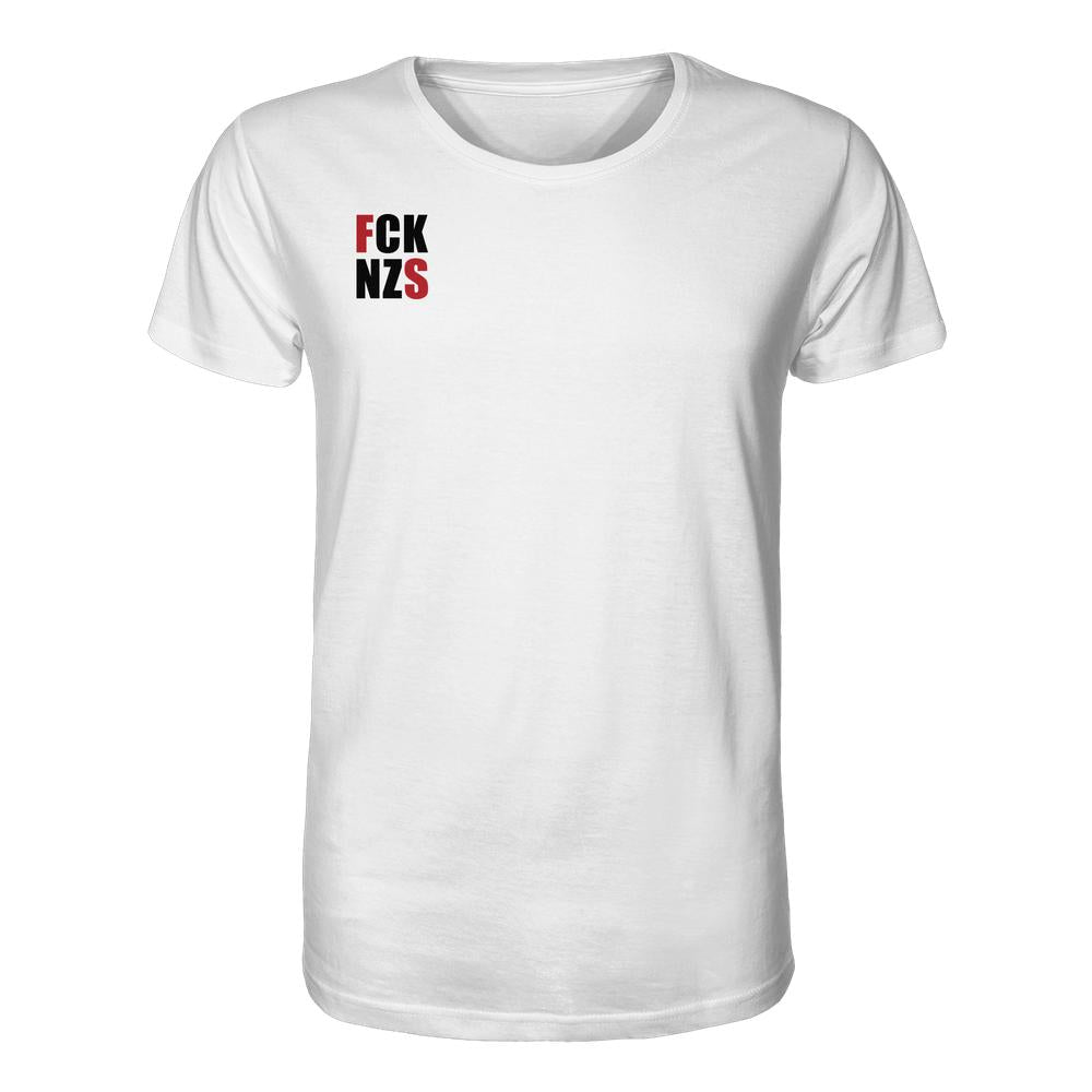 Vegan und Bio Unisex Shirt: FCK NZS mit roten Highlights, minimalistisch bedruckt auf weißem T-Shirt, 100% Biobaumwolle, rebellisches Design von RUDE REBEL für nachhaltige Mode.