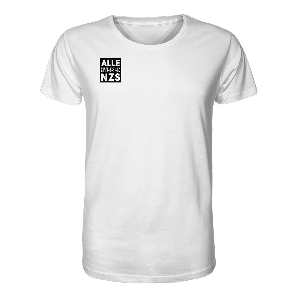 Vegan und Bio Unisex Shirt: ALLE HASSEN NZS! Weißes T-Shirt mit schwarzem Quadrat und weißem Text, 100% Bio-Baumwolle, normale Passform, von RUDE REBEL.