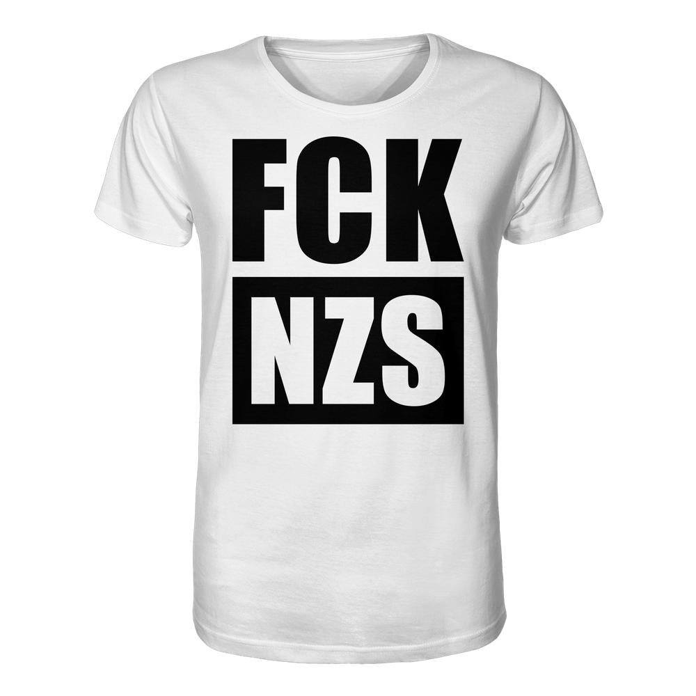 Vegan und Bio Unisex Shirt: FCK NZS, weiß mit schwarzem Stencil-Statement. 100% Bio-Baumwolle, normale Passform, gegen Rechts.