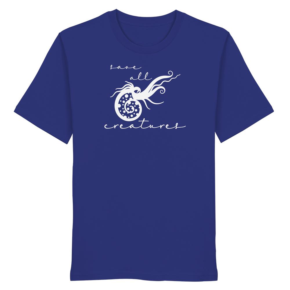 Vegan und Bio Unisex Shirt: Save All Creatures, zeigt weißen Nautilus mit Tentakeln und Schriftzug auf royal-blauem Hintergrund, aus 100% Bio-Baumwolle von RUDE REBEL.