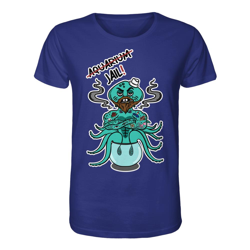 Vegan und Bio Unisex Shirt: Cartoon-Oktopus im Fischglas mit Zylinder und Tattoos, darüber Jail! statt Aquarium. Tierrechts-Statement von RUDE REBEL.