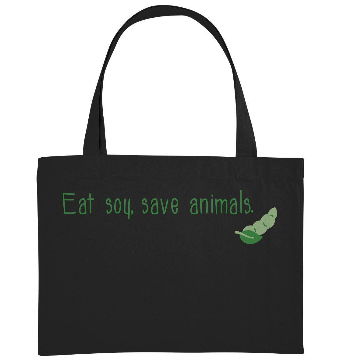 Vegan und Recycling extragroße Stofftasche mit grünem Logo und Text, betont Veganismus und Tierschutz, aus recycelter Baumwolle und Polyester, von RUDE REBEL.