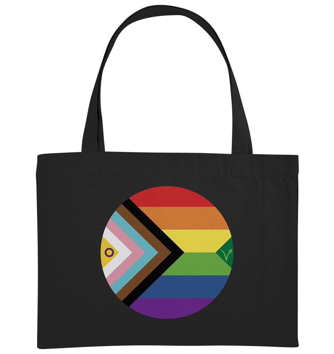 Vegan und Recycling extragroße Stofftasche: Schwarze Tote-Bag mit Regenbogen-Logo und grünem Blatt, lange Henkel, aus recycelten Materialien für LGBTQAI+ und Veganismus.