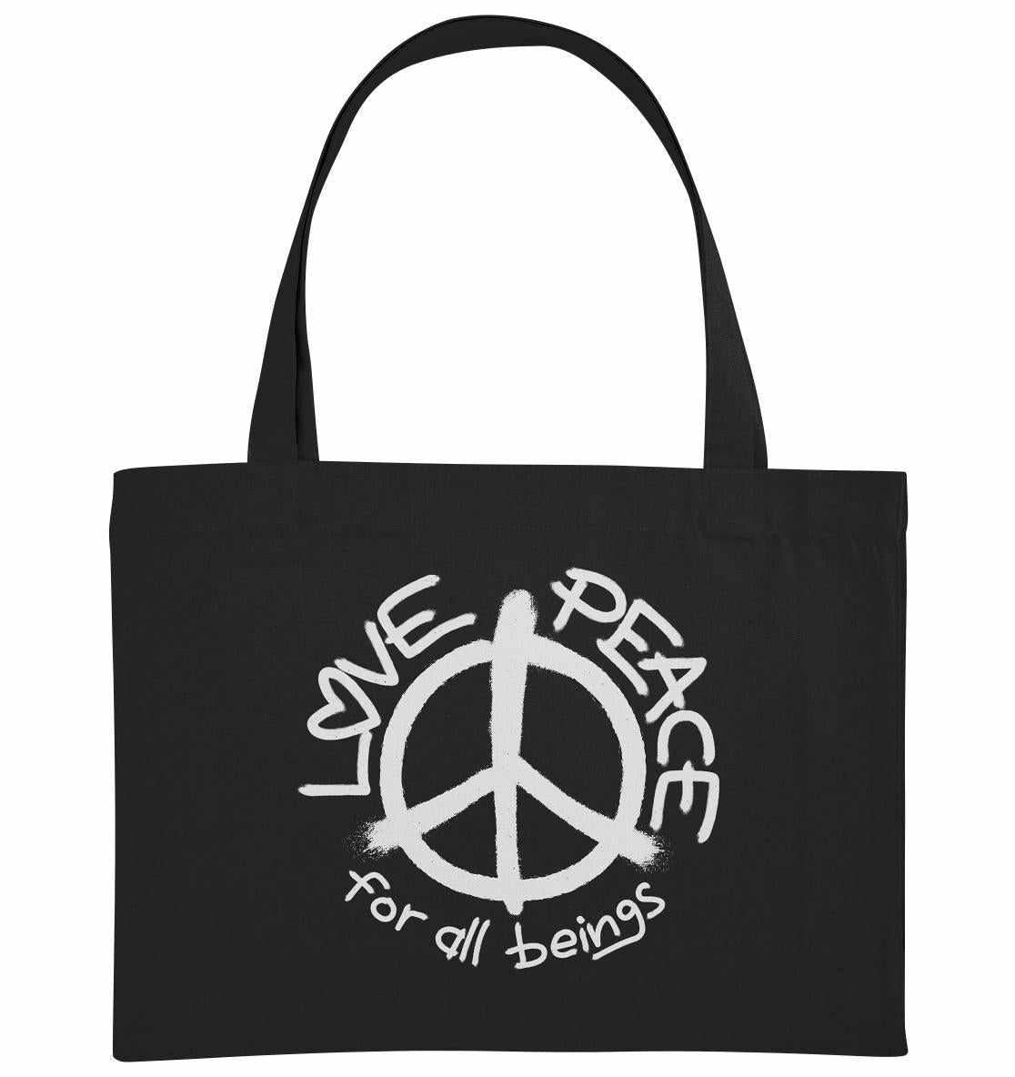 Vegan und Recycling extragroße Stofftasche mit LOVE and PEACE Design, schwarze Tasche mit weißem Text und langem Schulterriemen, aus recycelten Materialien.