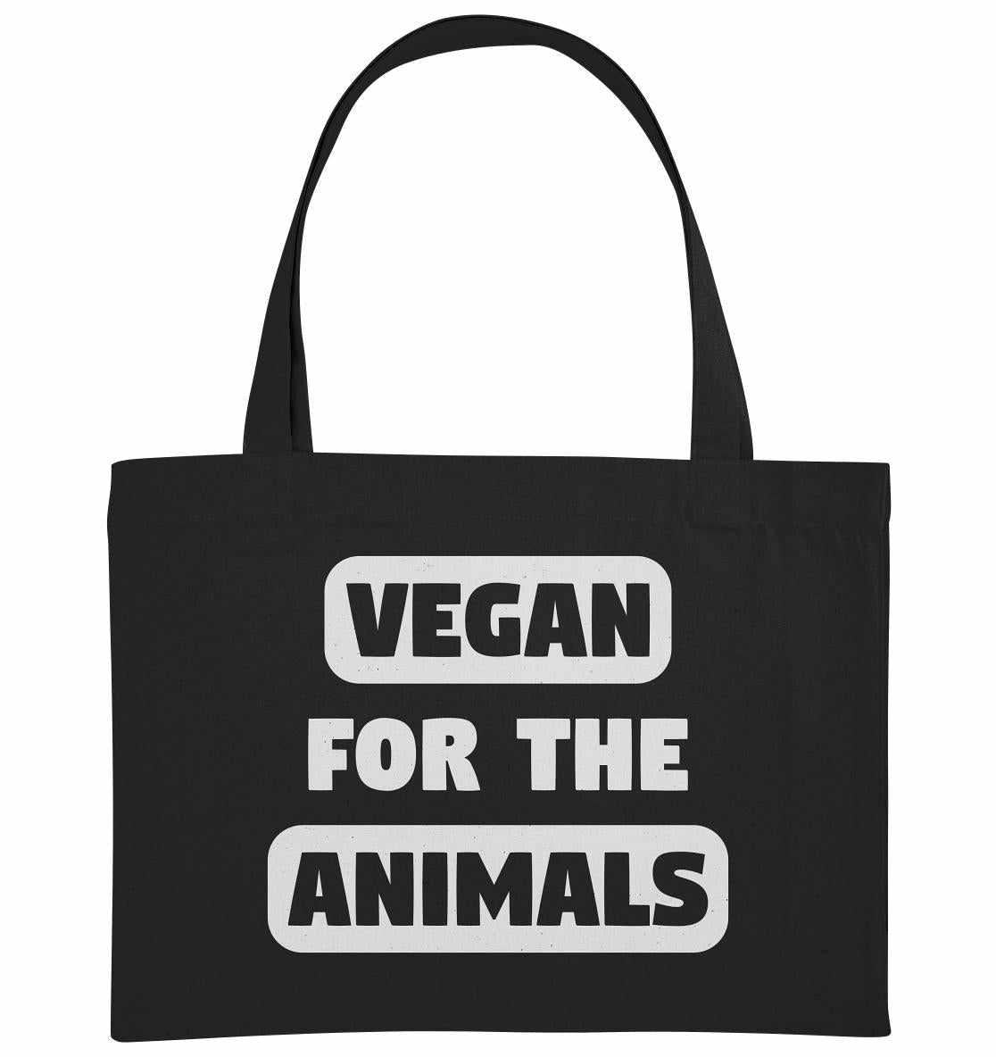 Vegan und Recycling extragroße Stofftasche: VEGAN FOR THE ANIMALS, aus recycelten Materialien, mit weißem Text auf schwarzem Stoff, lange Henkel, robustes Design.