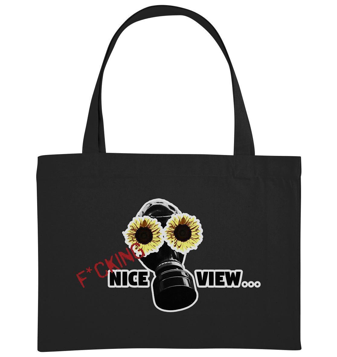 Vegan und Recycling extragroße Stofftasche: Sunflower Mask - F*cking nice view..., zeigt eine Gasmaske mit Sonnenblumen, symbolisiert nachhaltigen Lebensstil durch Recyclingmaterialien.