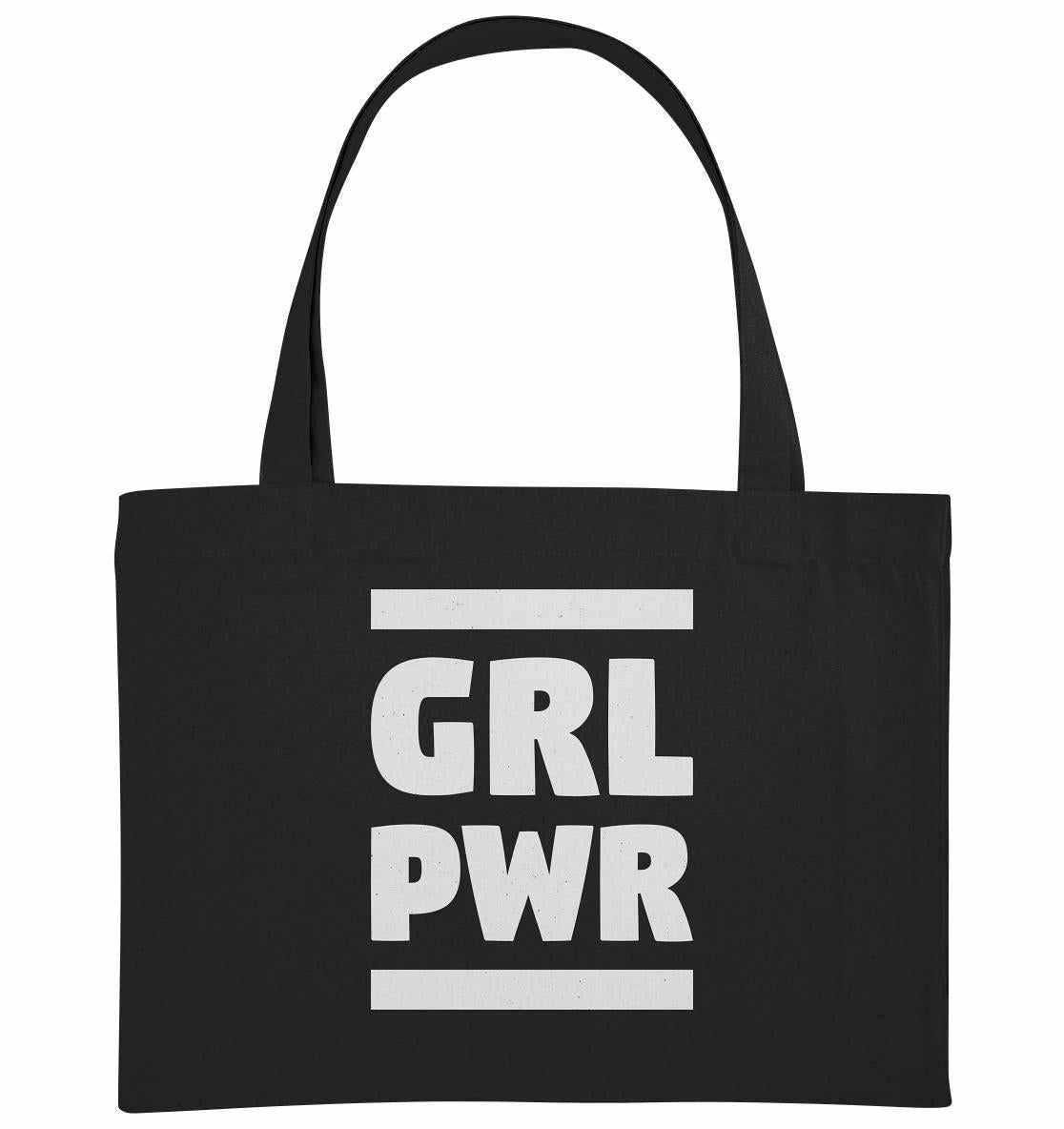 Vegan und Recycling extragroße Stofftasche: GIRL POWER, schwarze Tasche mit weißem Text, umweltfreundlich aus recyceltem Material, zeigt feministische Botschaft und Stärke.