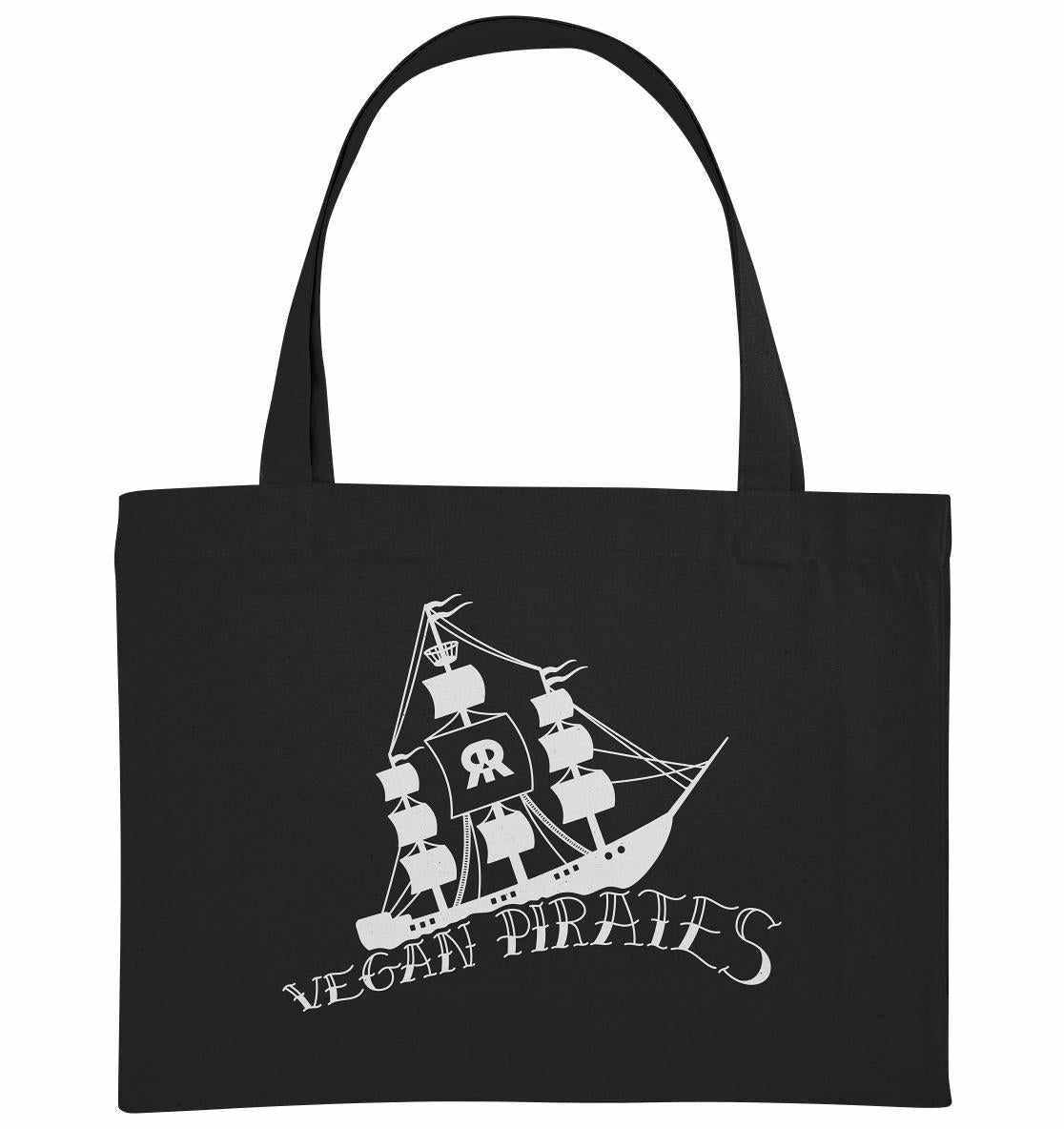 Vegan und Recycling extragroße Stofftasche: Vegan Pirates mit Piratenschiff-Design, hergestellt aus recycelter Baumwolle und Polyester, ideal für umweltbewusste Abenteurer.