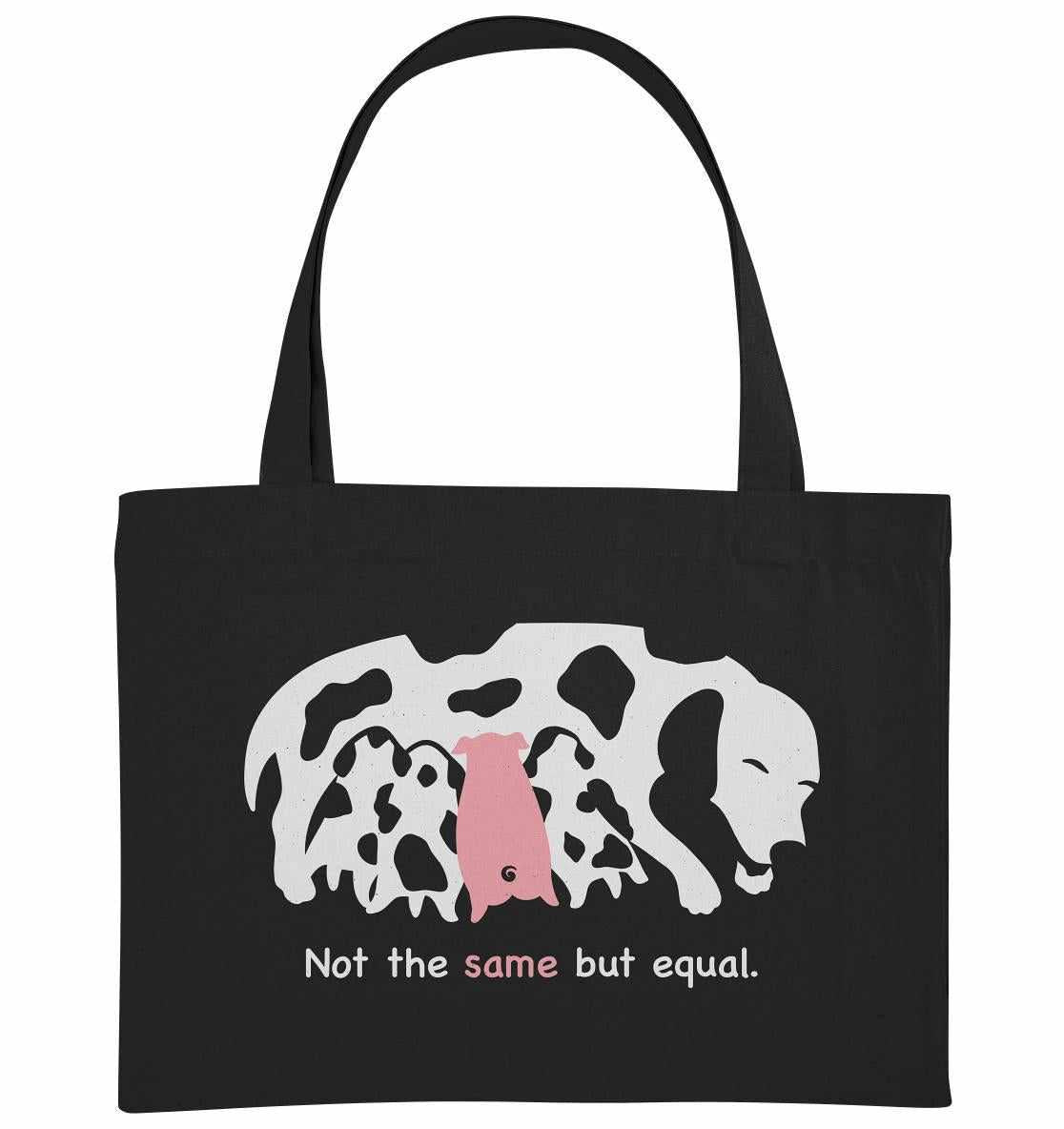 Vegan und Recycling extragroße Stofftasche mit Hund und Ferkel-Motiv, symbolisiert Tierliebe und Schutz. Hergestellt aus recycelten Materialien, ideal für nachhaltige Einkäufe.