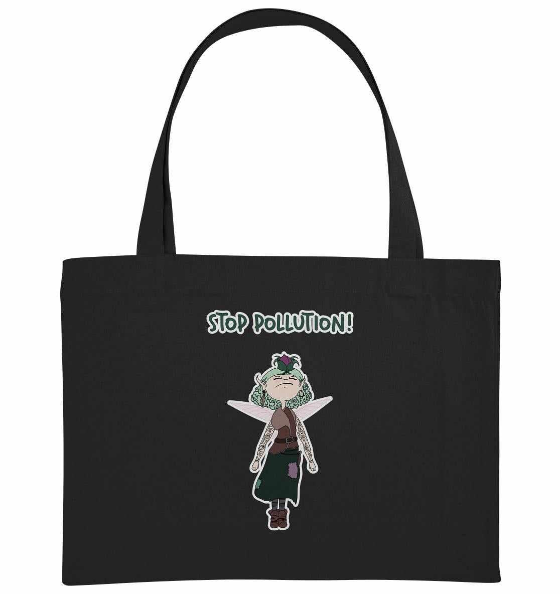 Vegan und Recycling extragroße Stofftasche: STOP POLLUTION! - Krawall Fee mit Cartoon-Design einer tätowierten Fee auf schwarzem Hintergrund, aus nachhaltigen Materialien.