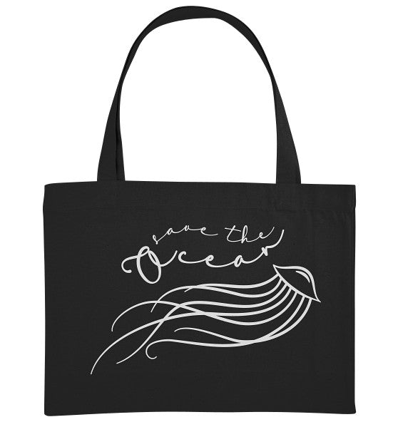 Vegan und Recycling extragroße Stofftasche mit Quallenmotiv und Save the Ocean-Text, gefertigt aus recycelter Baumwolle und Polyester, ideal für umweltbewusste Einkäufe.