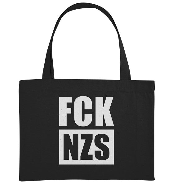 Schwarze, vegane und recycelte extragroße Stofftasche mit weißem „FCK NZS“-Schriftzug, verstärktem Kreuzstich und Seitenfalte von RUDE REBEL.